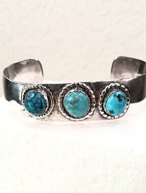 VTG Native American Signed Turquoise 925 Silver Cuff Bracelet 32g
